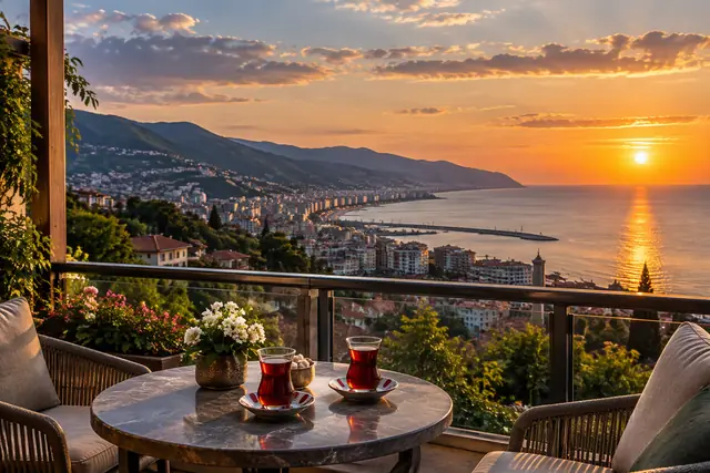 Sümela Manastırı'na yakın Trabzon otelinde Karadeniz gün batımı ve Türk çayı