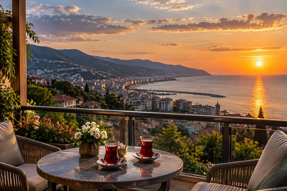 Gün batımında Trabzon ve Karadeniz manzaralı otel balkonunda Türk çayı